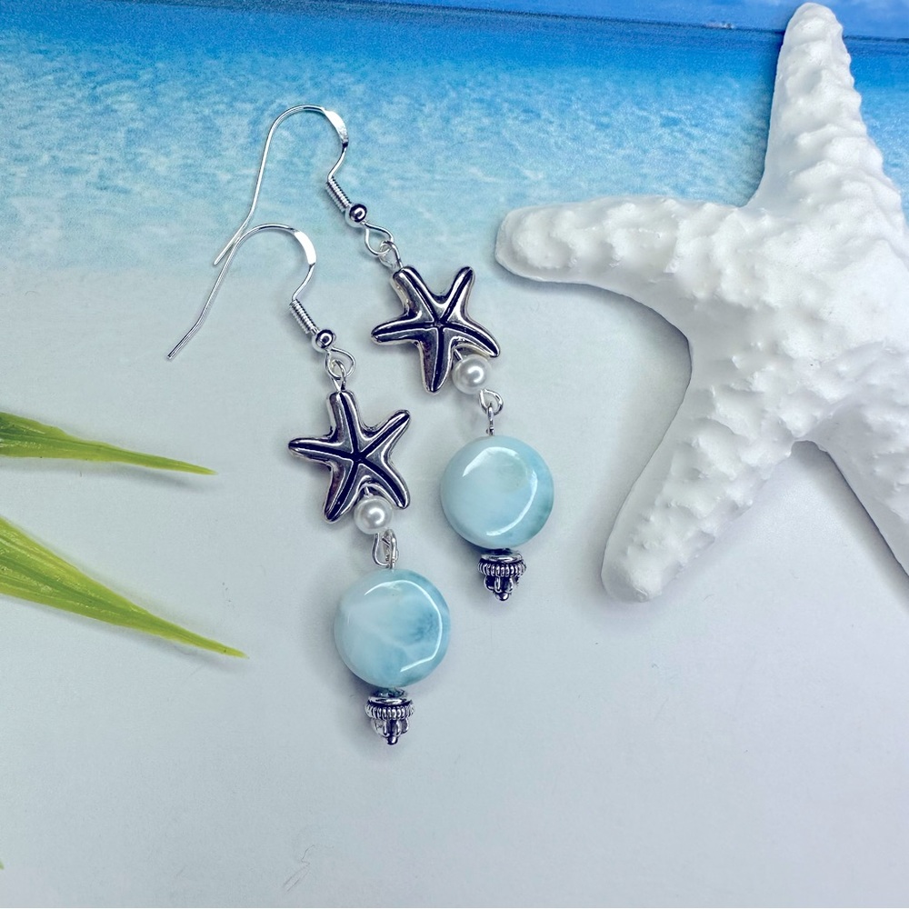 Genuine Larimar Earrings with Silver Starfish